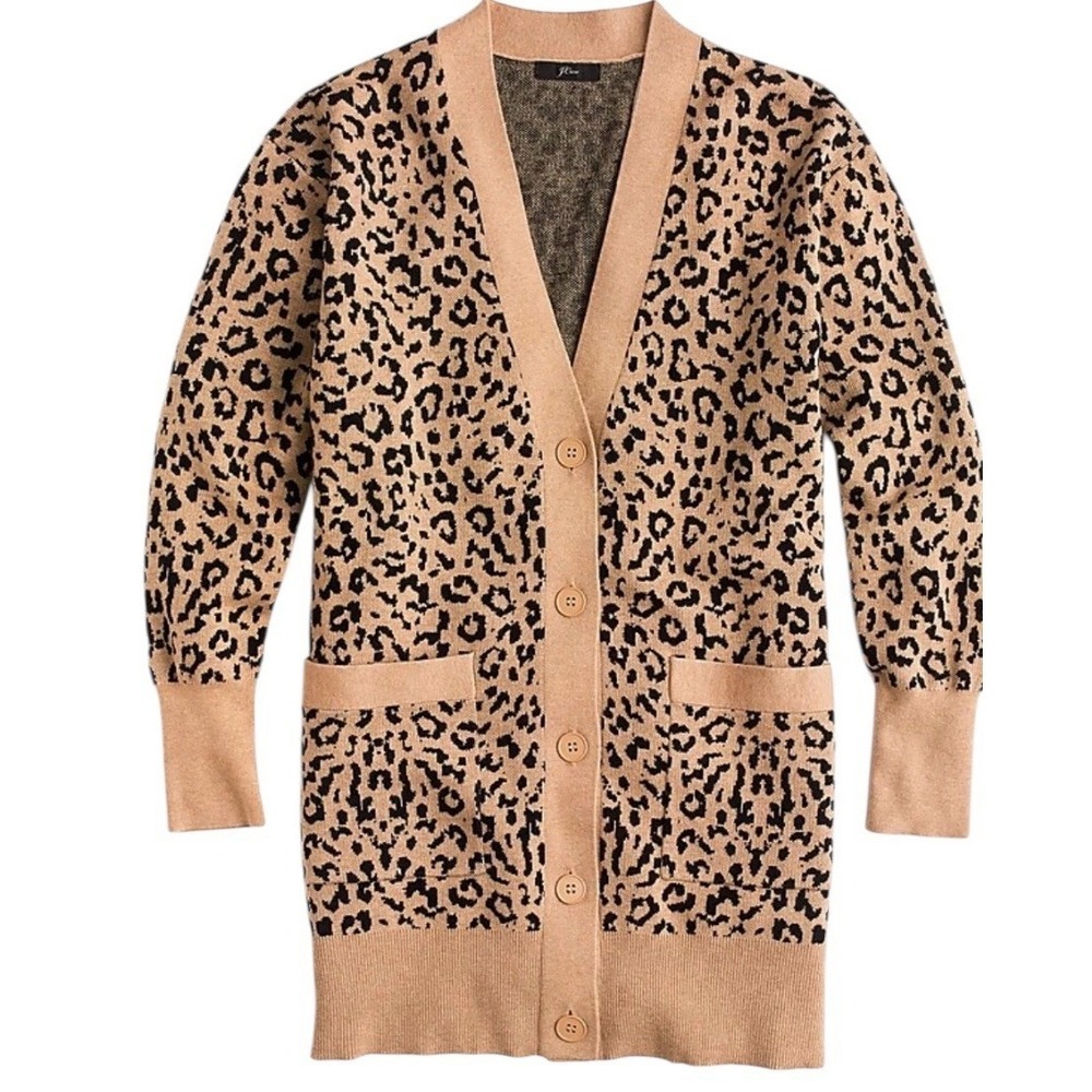 J.Crew Leopard V Neck Merino Wool Blend‎ Cardigan Sweater Womens Size S Preppy